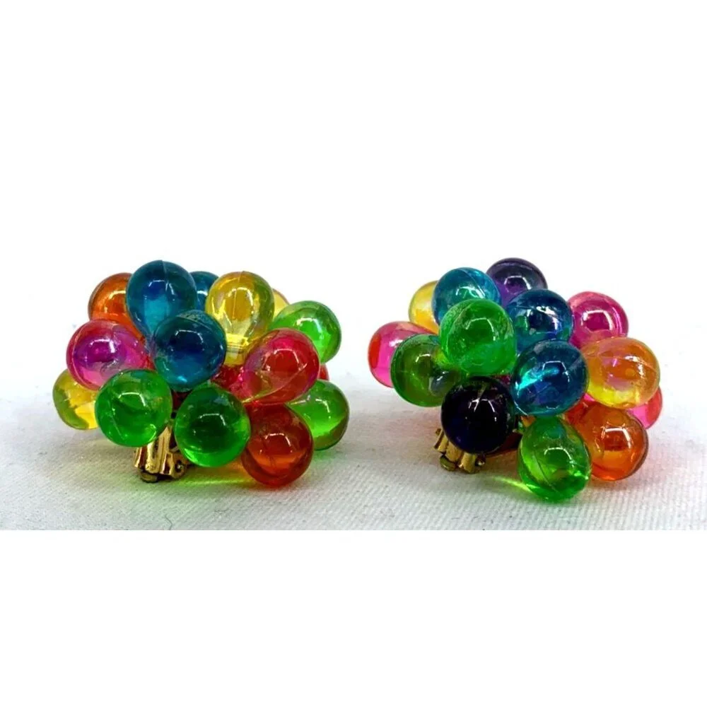 Lucite Earrings Multi Colored Bubbles Cluster Clip-On Jewelry 1.5